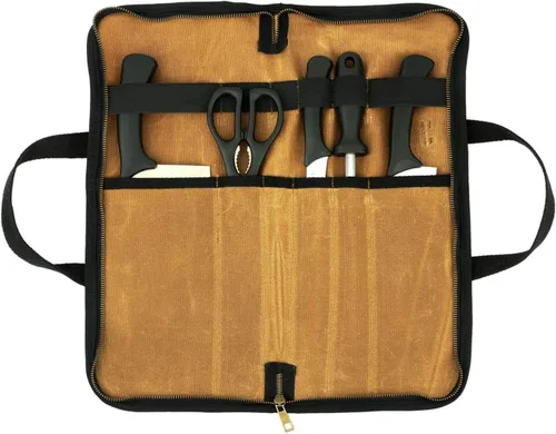 Vista 7 de Lona encerada resistente, estuche multiusos para cuchillos con 5 ranuras, mango duradero, banda elástica (negro)