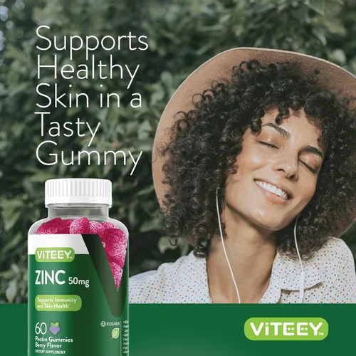 Vista 6 de Viteey Gomitas de zinc para hombres y mujeres - Suplementos de zinc 50mg Impulso inmunológico y salud de la piel, vegano, sin gluten, 60