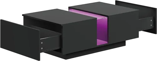 Vista 8 de HedoAjim - Mesa de café LED negra para sala de estar, mesa rectangular de sala de estar con almacenamiento, mesas de café acrílicas con 2 cajones