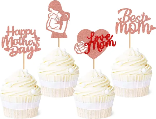 Vista 11 de Ercaido - Paquete de 48 adornos para cupcakes para el Día de la Madre con purpurina de oro rosa con purpurina para el Día de la Madre para la mejor