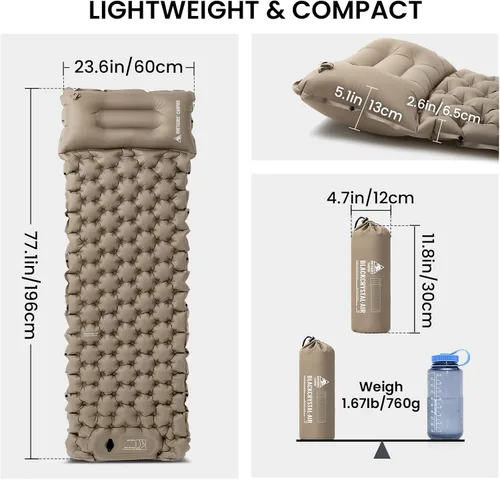 Vista 7 de ONETIGRIS Blackcrystal - Colchoneta de dormir ultraligera para acampar con almohada con bomba de pie incorporada, colchoneta inflable compacta
