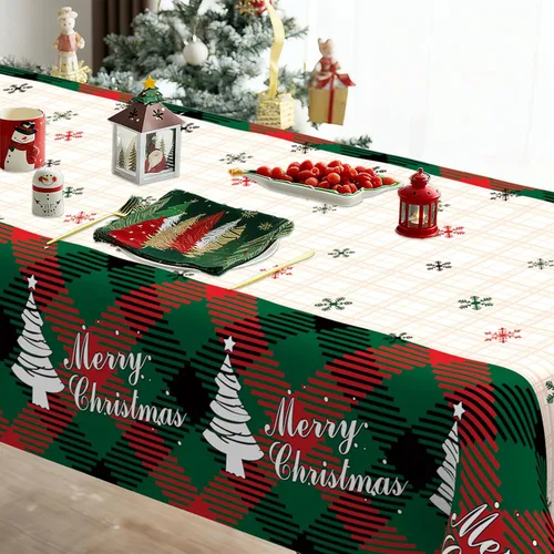 Vista 4 de Mantel de Navidad, 2 piezas de mantel de Navidad desechable para mesa rectangular, 54" x 108" de plástico con diseño de copo de nieve, árbol