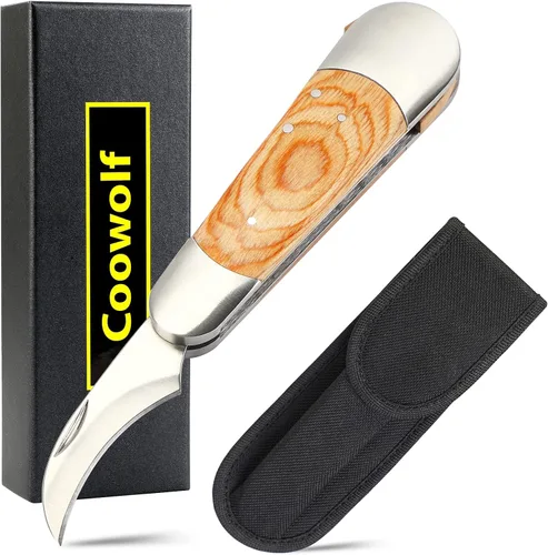Vista 7 de Coowolf - Cuchillo de forraje de hongos con cepillo y funda Hoja curvada de acero inoxidable de 2,4", mango de madera dura, diseño plegable