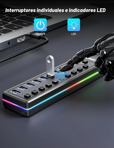 Vista 4 de Hub USB alimentado, divisor USB de 10 puertos con tira LED RGB