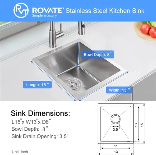 Vista 4 de ROVATE - Fregadero de barra o fregadero de cocina de 13 x 15 pulgadas, hecho a mano, de acero inoxidable T-304 de un solo tazón