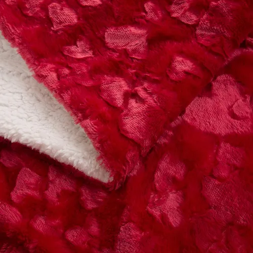 Vista 6 de DaDa Bedding Manta de Tiro Romántica de Piel Sintética Roja para San Valentín - Corazones Encantadores Mullidos Felpa Sherpa en el Reverso con Forro