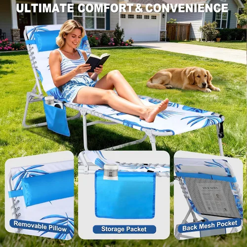 Vista 6 de Luxfero Sillón de playa 3 en 1 con paraguas, silla de bronceado solar con orificio para la cara y reclinable de 5 posiciones, silla plegable