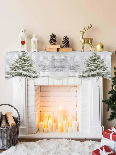 Vista 2 de Bufanda de manto de 70 x 17 pulgadas, árbol de Navidad, árboles de invierno, bosque, copos de nieve, chimenea, mantel, cubierta de mantel