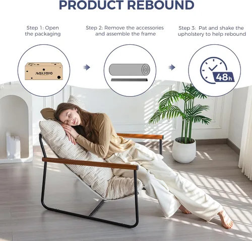 Vista 6 de MAXYOYO Silla decorativa moderna, cómoda, para sala de estar, con marco metálico y reposabrazos de madera, sillón tapizado con cojín suave para Beige