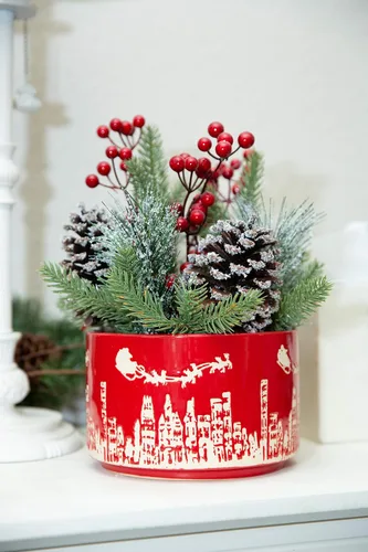 Vista 5 de Flora Bunda Arreglo artificial de Navidad en maceta de cerámica roja de 7 pulgadas para decoración de Navidad
