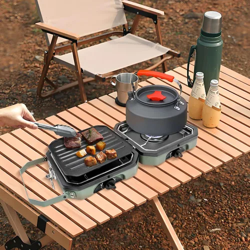 Vista 5 de Estufa de campamento de propano de 2 quemadores con parrilla, estufa portátil de propano de 16000 BTU con 2 quemadores ajustables e encendido