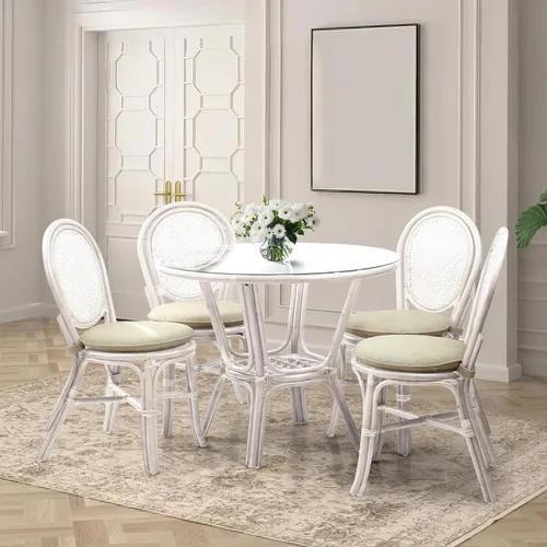 Vista 7 de Denver Dining - Silla auxiliar de mimbre hecha a mano con cojín color crema, ratán natural, lavado blanco Colonial