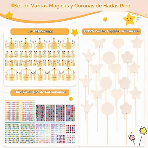 Vista 2 de El kit de varitas de hadas de princesa Pllieay incluye 18 piezas de 6 estilos de varita de princesa de madera sin terminar, coronas de papel dorado