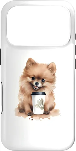 Vista 30 de iPhone 16 Pomerania perro con café estilo acuarela caso
