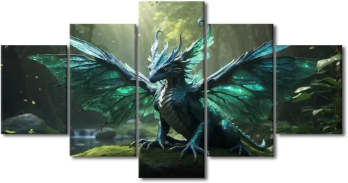 Vista 63 de Lienzo decorativo para pared de sala de estar, lienzo de dragón, 5 paneles, dragón verde, decoración de pared para el hogar, decoración de pared