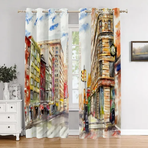 Vista 36 de Cortinas opacas de cocina con pintura al óleo de Europa rosa y negra para ventanas, cenefas opacas modernas de torre Eiffel de poliéster multicapa