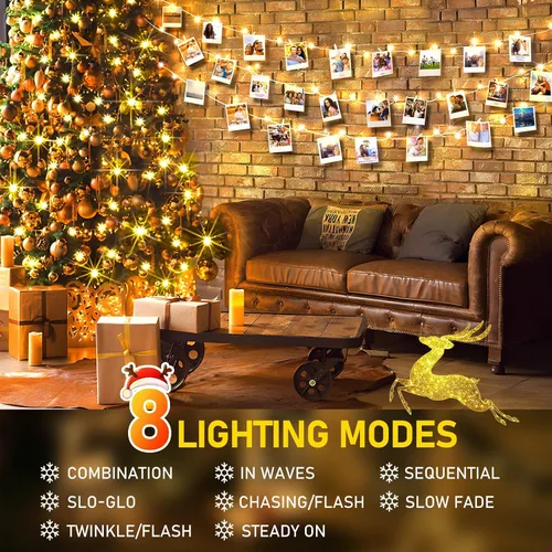 Vista 2 de KNONEW Guirnalda de luces de Navidad para interiores, 60 pies, 180 luces LED impermeables para exteriores, 8 modos de iluminación, función