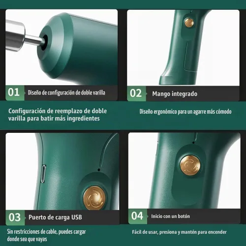 Vista 4 de Batidor eléctrico de mano, recargable por USB, batidor de huevos portátil inalámbrico con 2 batidores desmontables con 3 modos de velocidad