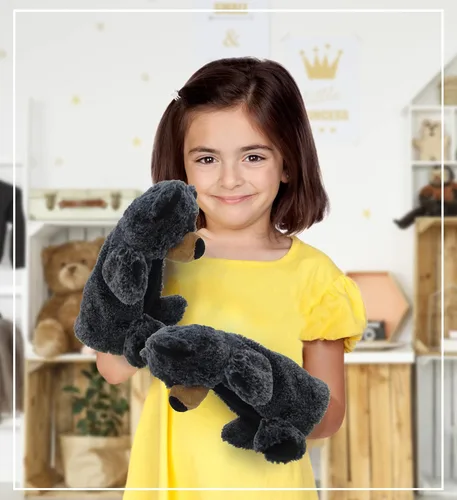 Vista 6 de DolliBu - Marioneta de peluche de oso negro, súper suave, juguetes de peluche de animales salvajes para niños y adultos, lindo oso de peluche negro