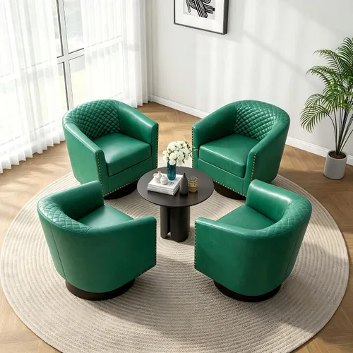 Vista 45 de Pia Ricco Silla de Acento Tipo Barril de Cuero Sintético, Silla de Club Moderna con Brazos, Cómoda Silla Individual Tapizada con Patas de Madera