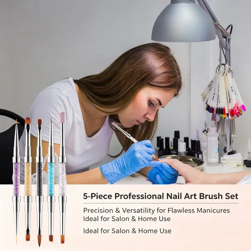 Vista 6 de Juego de 5 pinceles para arte de uñas de doble extremo, mango de diamantes de imitación de cristal, kit de pinceles de uñas 2 en 1 para esmalte