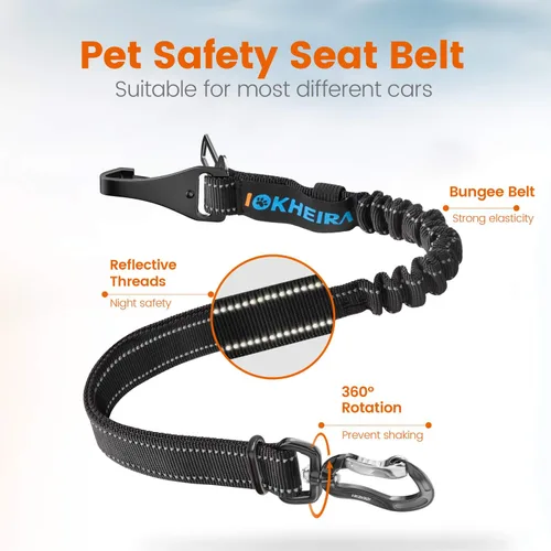 Vista 4 de IOKHEIRA Cinturón de seguridad para perro, arnés ajustable actualizado reflectante con elástico de bungee para asiento de coche con mosquetón Negro