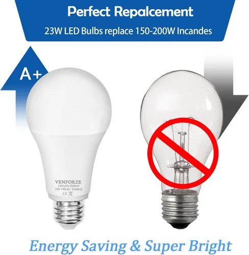 Vista 5 de Venforze Bombilla brillante, equivalente a 150 W-200 W, 2500 LM, E26, bombilla LED 23 W, luz diurna blanca, 5000 K, A21, no regulable, paquete de 2