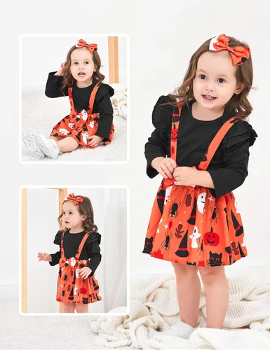 Vista 2 de Conjunto de ropa de Halloween para recién nacido, con volantes, tirantes, calabaza, murciélago, fantasma, falda con diadema