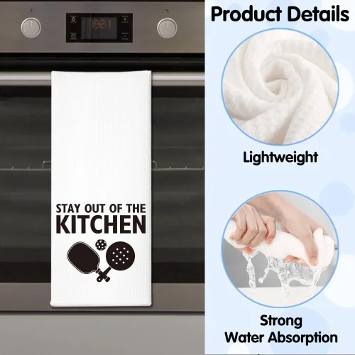 Vista 3 de RZHV Toalla de cocina con texto en inglés "Stay Out of the Kitchen", divertida toalla de platos de pickleball regalo para mujeres, hermanas, amigas