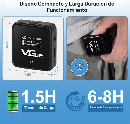 Vista 4 de VeGue Sistema de micrófono inalámbrico Lavalier, micrófono de solapa inalámbrico de doble canal de 2.4 GHz con cancelación de ruido para cámaras