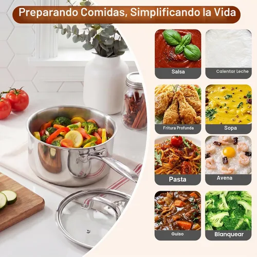 Vista 5 de Cook N Home Cacerola de acero inoxidable de 1.5 cuartos, tri-capa completamente revestida con tapa de vidrio, color plateado
