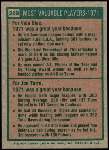 Vista 2 de 1975 Topps #209 1971 MVPs Vida Blue/Joe Torre Cardinals/Athletics (Baseball Card) NM+ Cardinals/Athletics