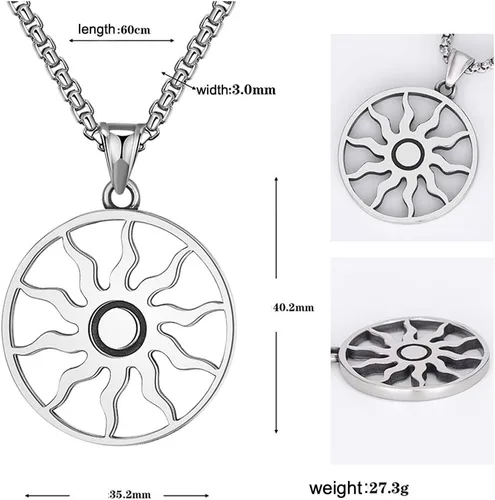 Vista 4 de Collar de sol para hombres y mujeres, colgante de luz redonda de plata, vintage, único, fresco, collar de sol, acero de titanio, joyería de cadena