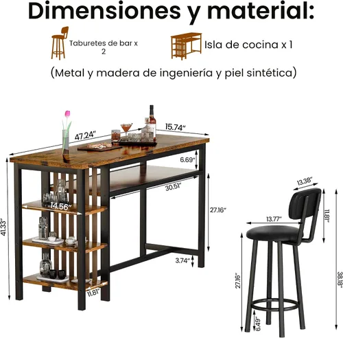 Vista 3 de DKLGG Juego de mesa de comedor para 2, juego de comedor rústico a altura de bar con almacenamiento y taburetes de mostrador, mesa de isla para Marrón