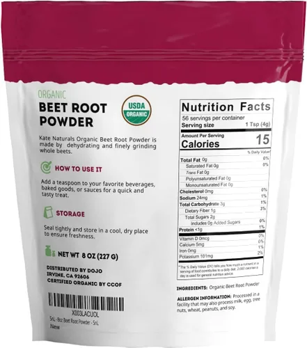 Vista 7 de Kate Naturals Polvo de raíz de remolacha orgánica para batidos, hornear y jugo. Superalimento de remolacha cruda y colorante alimentario rojo