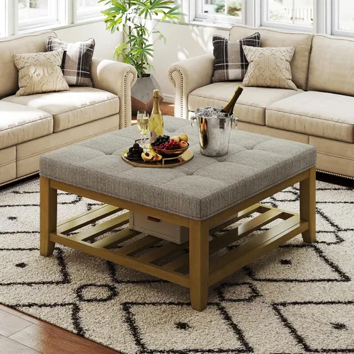 Vista 14 de Otomana con banco de almacenamiento, mesa de centro otomana de lino, gris oscuro Solid frame for added stability, 3.2-inch storage ottoman cushion