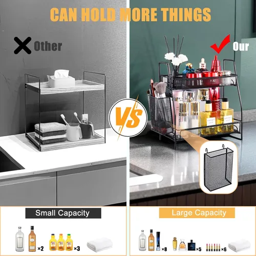 Vista 8 de Organizador de baño con canasta, bandeja de baño de 2 niveles para estante de almacenamiento de encimera, organizador de encimera de baño