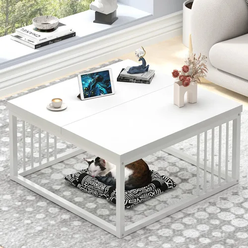 Vista 12 de FOLUBAN Mesa de café, moderna mesa de sala de estar de madera y metal, mesa de té rectangular industrial, marrón rústico, 43.3 pulgadas
