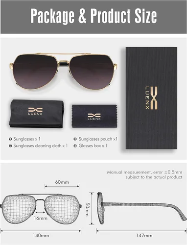 Vista 8 de Lentes para aviador Luenx polarizados, para hombres y mujeres, con armazón de metal grande, protección UV 400