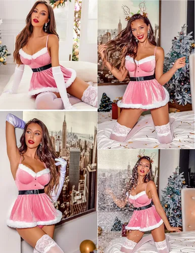 Vista 12 de Avidlove Lencería navideña para mujer, ropa interior de Santa Babydolls Chemises de terciopelo rojo