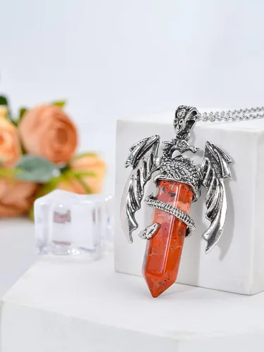 Vista 5 de Collar de dragón – Colgante hexagonal de plata envuelto en cristal con cristal natural – Joyería genial para hombres y mujeres