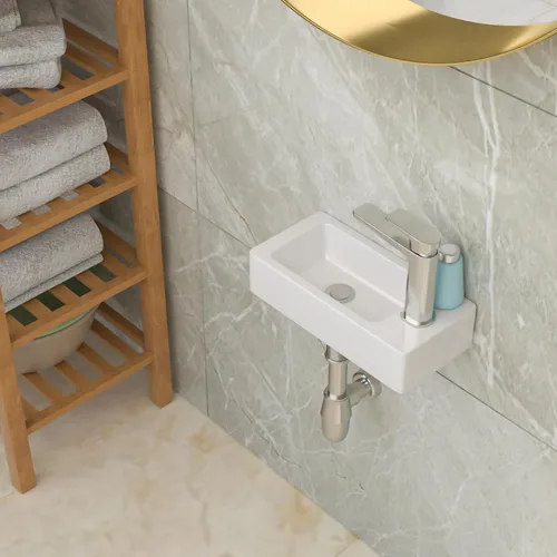 Vista 2 de Lordear Lavabo pequeño de baño montado en la pared, lavabo de esquina de baño de 15" x 7", lavabo flotante para lavado de manos colgado en la pared