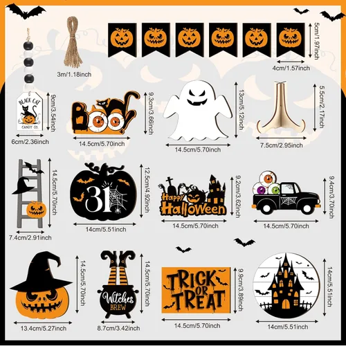 Vista 3 de Geetery Juego de 18 piezas de decoraciones de bandeja escalonada de Halloween, decoración de mesa de Halloween, gnomo de felpa, calabaza, fantasma