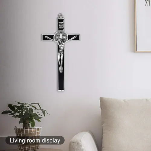 Vista 5 de Wellcho Crucifijo de pared esmaltado negro - Arte de pared de metal de San Benito, cruz de 7 pulgadas para dar bendición y lo sagrado espiritual