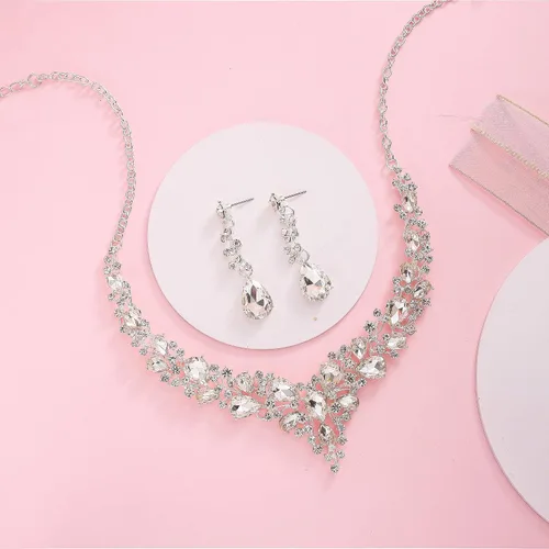 Vista 4 de Paxuan - Collar de plata con cristales de imitación para boda aretes brazalete corona tiara juegos de joyería para novias damas de honor vestidos