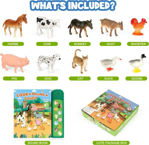 Vista 2 de DOMNIU Figuras de animales de granja, juguetes con 10 figuras de animales de plástico realistas y libro de sonido para niños, juguetes educativos