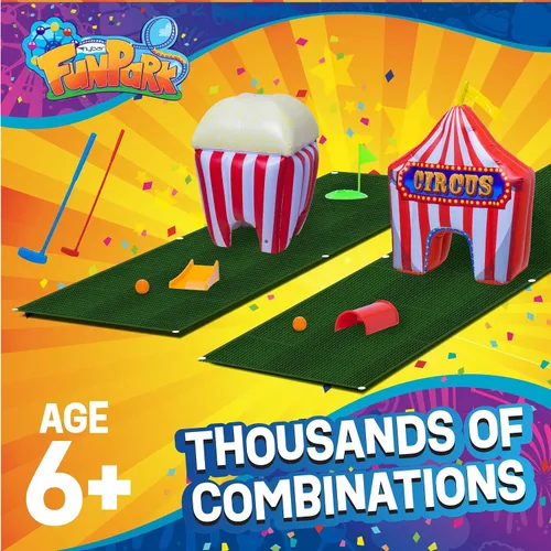 Vista 7 de FunPark - Juego de minigolf inflable – Campo de 13 piezas con palos ajustables, pelotas, copas de putting, tapetes verdes y obstáculos temáticos