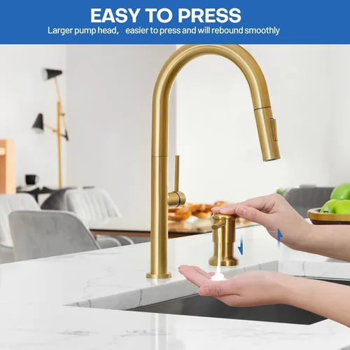Vista 3 de Dispensador de jabón de acero inoxidable dorado para fregadero de cocina, dispensador de jabón con bomba integrada de oro cepillado, dispensador