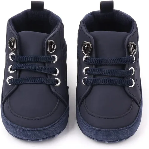 Vista 4 de Sekantrol Zapatos de cuna para recién nacidos, zapatos de bebé para niños y niñas, suela de goma suave, zapatos de moda de caña alta antideslizantes