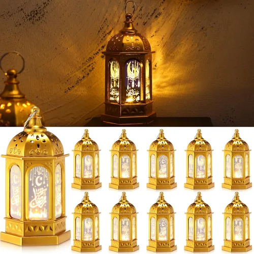 Vista 9 de Threan 2 faroles de Ramadán con luces LED mini Eid Mubarak, decoraciones de Ramadán para el hogar, mesa, pared, centros de mesa y decoración